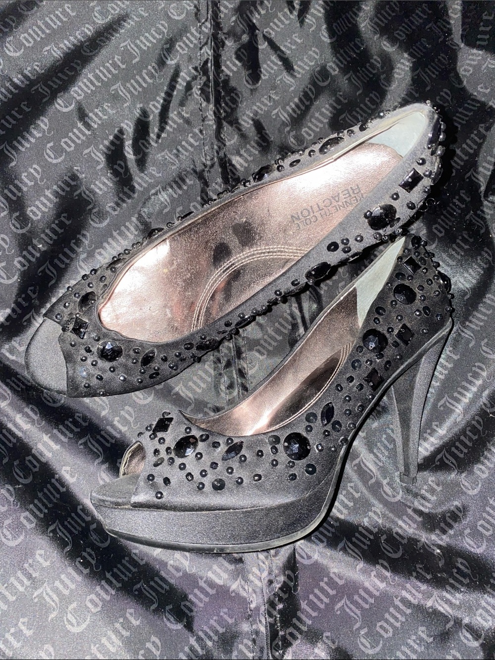 Kenneth Cole Reaction Peep Toe Pumps with Black Crystal Embellishments